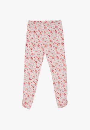 Bloemleggings met een lichtroze achtergrond, versierd met kleine rode en paarse bloemen, met een geplooide taille en taps toelopende pijpen met opgerolde boorden.