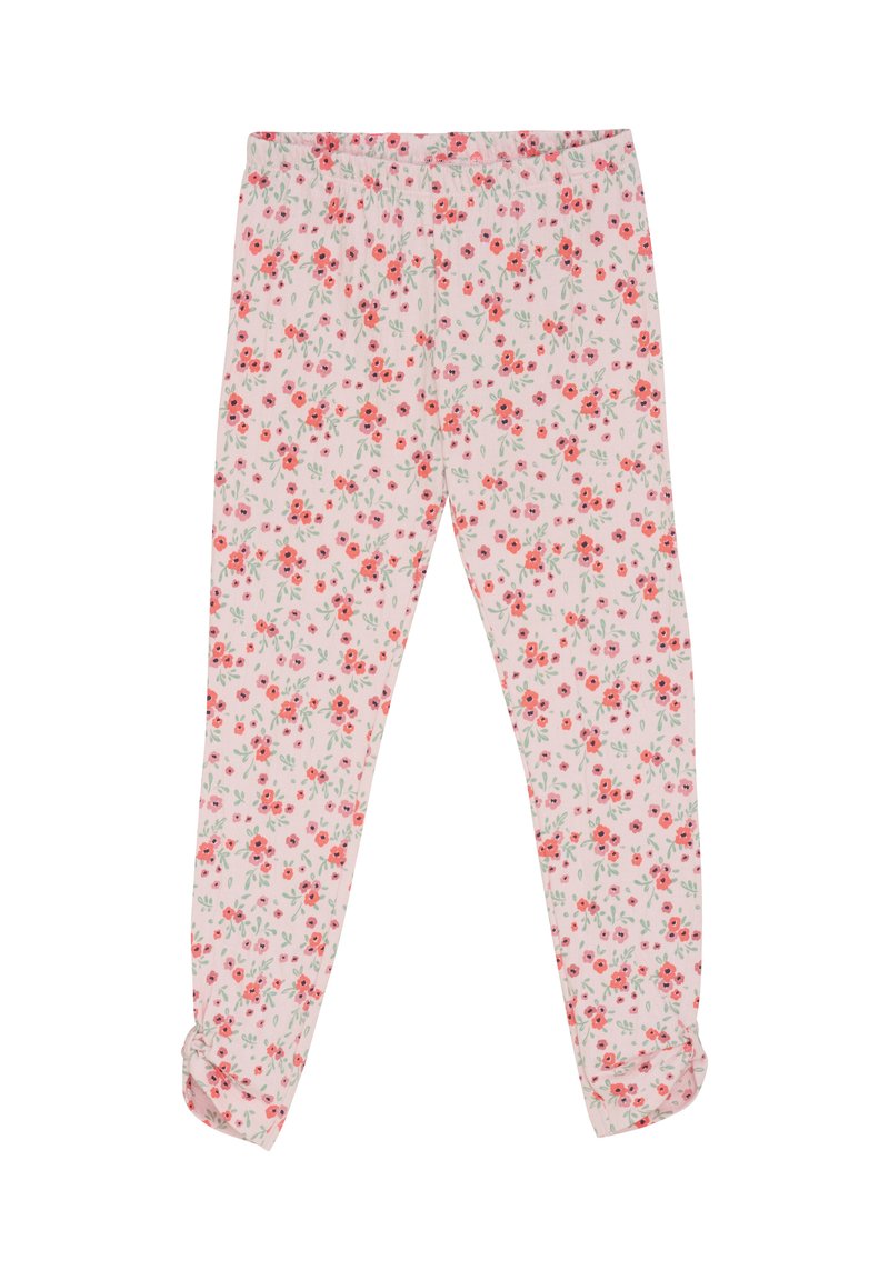Bloemleggings met een lichtroze achtergrond, versierd met kleine rode en paarse bloemen, met een geplooide taille en taps toelopende pijpen met opgerolde boorden.