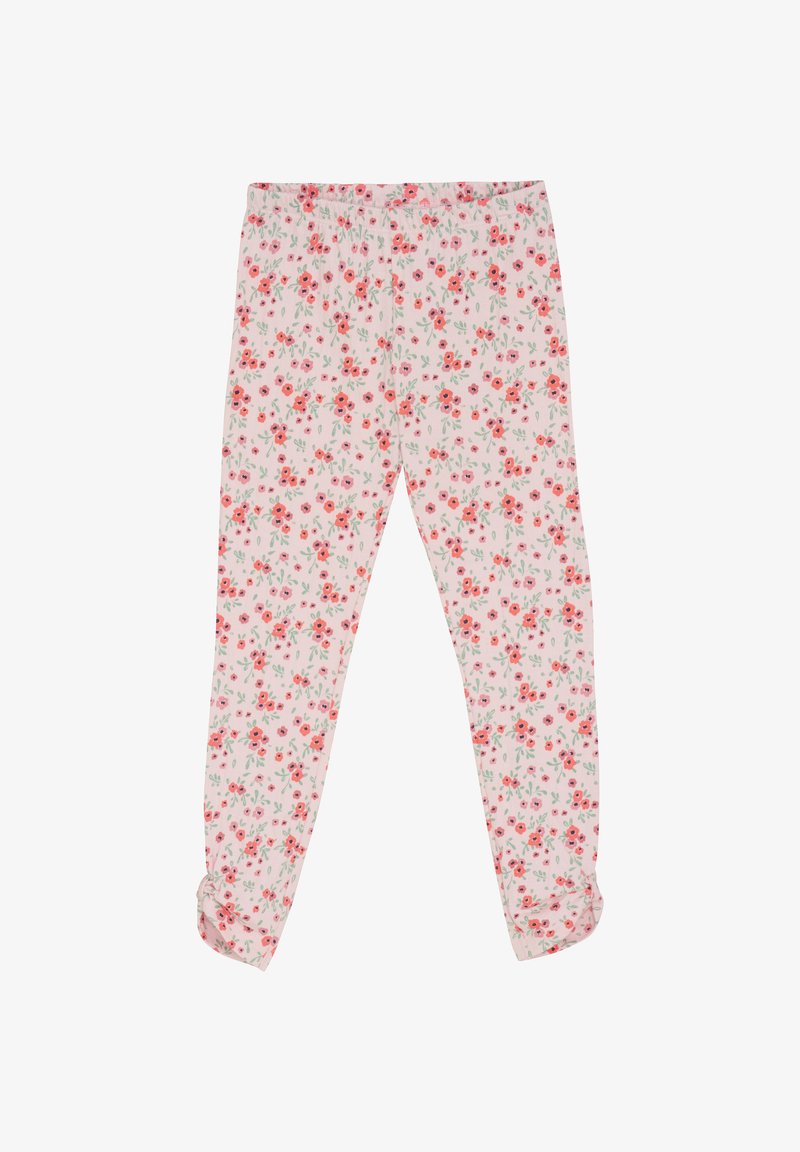 Blommiga leggings med en ljusrosa bakgrund, prydda med små röda och lila blommor, med rynkad midja och smalnande ben med uppvikta muddar.