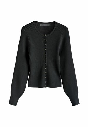 Schwarze, gerippte Longsleeve-Cardigan mit runder Ausschnitt und vorderem Knopfverschluss, auf einem weißen Hintergrund präsentiert.