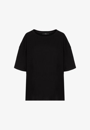 Czarna bawełniana koszulka z okrągłym dekoltem i krótkimi rękawami, o luźnym kroju, bez widocznych wzorów ani ozdób.