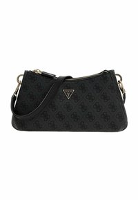 Borsa nera in materiale strutturato, con motivo a diamante, ferrature color oro e chiusura con zip con tracolla regolabile.