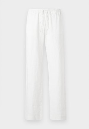 Bele hlače iz platna s sproščenim krojem, elastičnim pasom s vrvico in ravnimi hlačnicami; gladka tekstura in lahka tkanina.