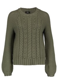 Pull en laine vert tricoté avec des motifs texturés, y compris des designs en torsade et en côtes. Présente des manches raglan longues et un col rond.