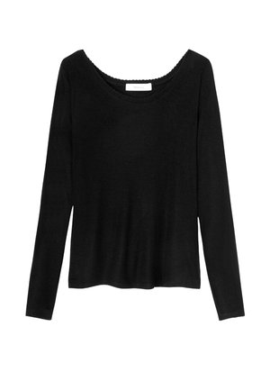 Haut noir à manches longues avec un décolleté arrondi, en tissu texturé et à coupe décontractée. Présente un ourlet fini et sans logos visibles.