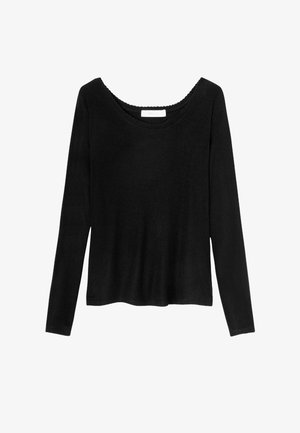 Haut noir à manches longues avec un décolleté arrondi, en tissu texturé et à coupe décontractée. Présente un ourlet fini et sans logos visibles.