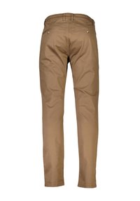 Braune Baumwollhose mit glatter Textur, schlankem Schnitt, normalen Taschen und goldfarbenen Metallakzenten an den hinteren Taschen.