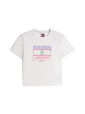 T-shirt di cotone bianco con una grafica che riporta "tommy" e "jeans" in viola e rosa, collo rotondo e maniche corte.