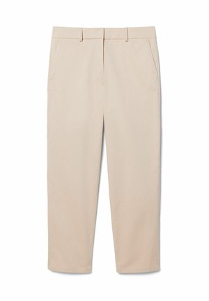 Beige rechte broek met riemlussen, zijzakken en een ritssluiting aan de voorkant.