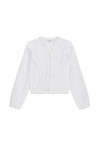 Valkoinen pitkähiha blouse, jossa on röyhelödetaille, kangaspainikkeet edessä ja hillitty kukkakirjontakuvio.