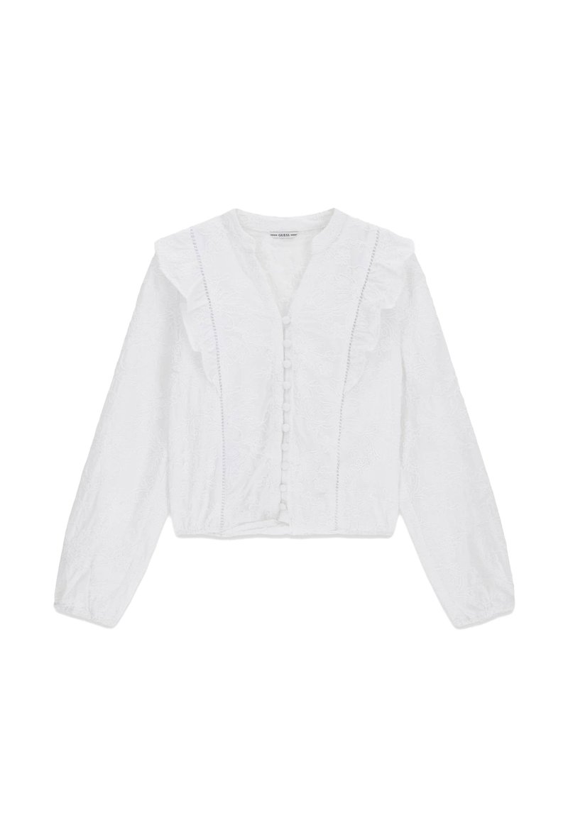 Valkoinen pitkähiha blouse, jossa on röyhelödetaille, kangaspainikkeet edessä ja hillitty kukkakirjontakuvio.