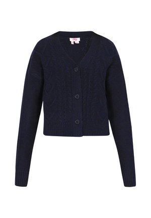 Navy blue cable knit cardigan with long sleeves, V-neck, and three heart-shaped buttons down the front. Textured fabric and cropped fit.