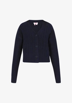 Cárdigan de punto trenzado azul marino con mangas largas, escote en V y tres botones en forma de corazón en la parte delantera. Tela texturizada y corte corto.