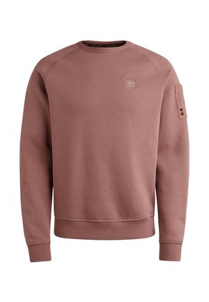 Roze sweatshirt van zacht materiaal, met een ronde hals, geribbelde mouwen en een logo patch op de linker bovenkant.