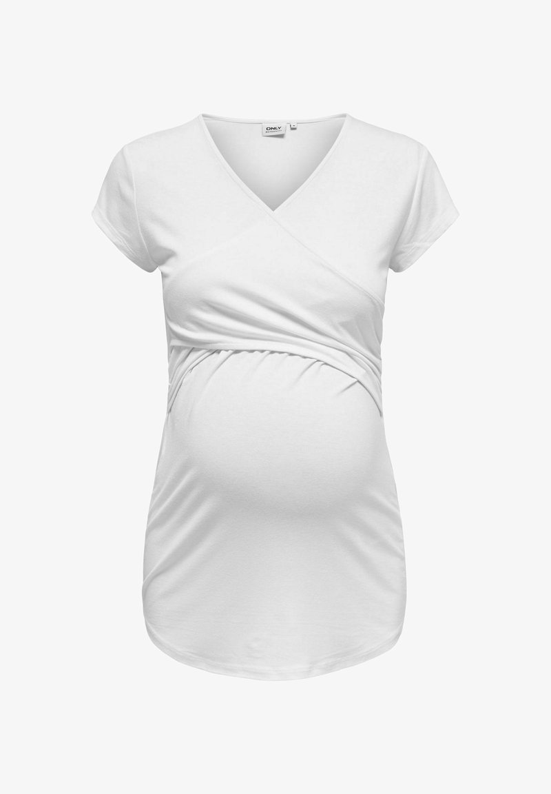 Blusa de maternidad blanca con mangas cortas, escote en V y detalles fruncidos en los laterales. Tejido suave y elástico diseñado para comodidad y ajuste durante el embarazo.