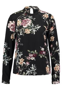 Langärmlige schwarze Bluse mit einem floralen Muster in Farben wie burgunderrot, rosa und grün; verfügt über einen hohen Kragen und einen Schlüsselaugen-Ausschnitt.