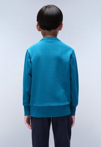 Maglione teal con scollo rotondo e polsini a costine, presentato su uno sfondo chiaro, presenta una vestibilità confortevole e una texture liscia.