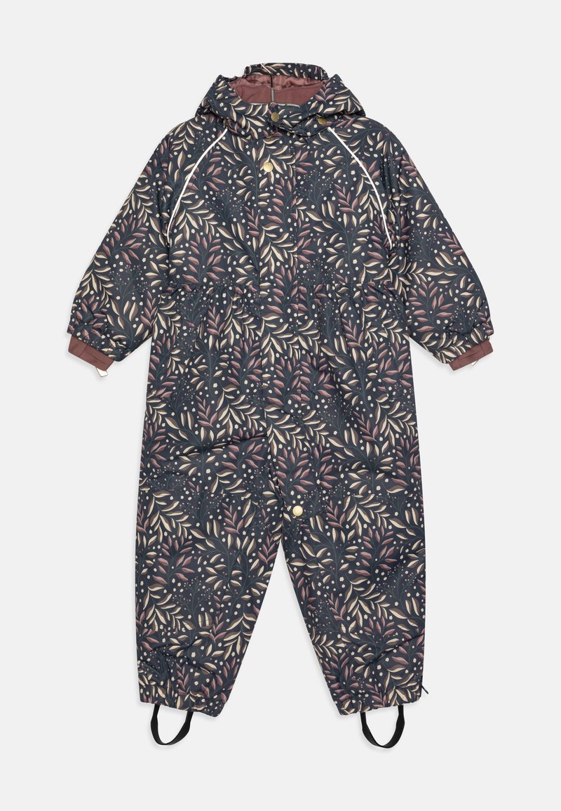 Vízálló overál sötét virágmintával, halvány rózsaszín és krém színben, kapucnival, elasztikus mandzsettákkal és bokaszíjakkal a biztonságos illeszkedés érdekében.