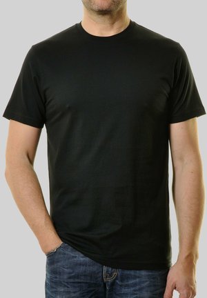T-shirt noir à manches courtes, col rond, fabriqué en tissu lisse. Design ajusté avec une texture unie, sans motifs ni logos visibles.