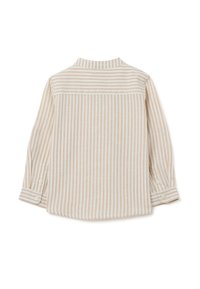 Beige en witte gestreepte lange mouwen shirt, voorzien van een button-down kraag, knoopmanchetten en een rechte zoom. Zachte stoftextuur.