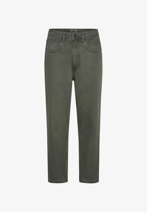 Green cotton chinos with a straight silhouette, featuring belt loops, front pockets, and a button closure. Smooth texture with minimal stitching.