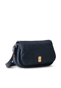 Dark blue textured crossbody bag with a flap closure, gold-tone hardware, adjustable strap, and subtly embossed pattern.