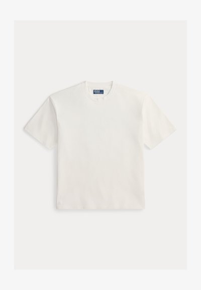 T-shirt blanc uni à manches courtes avec encolure ronde et une petite étiquette Polo by Ralph Lauren à l'intérieur du col.