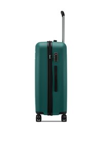 Valise rigide couleur sarcelle tenue debout avec poignée extensible, quatre roues noires pivotantes, poignée latérale et serrure TSA intégrée sur fond blanc.