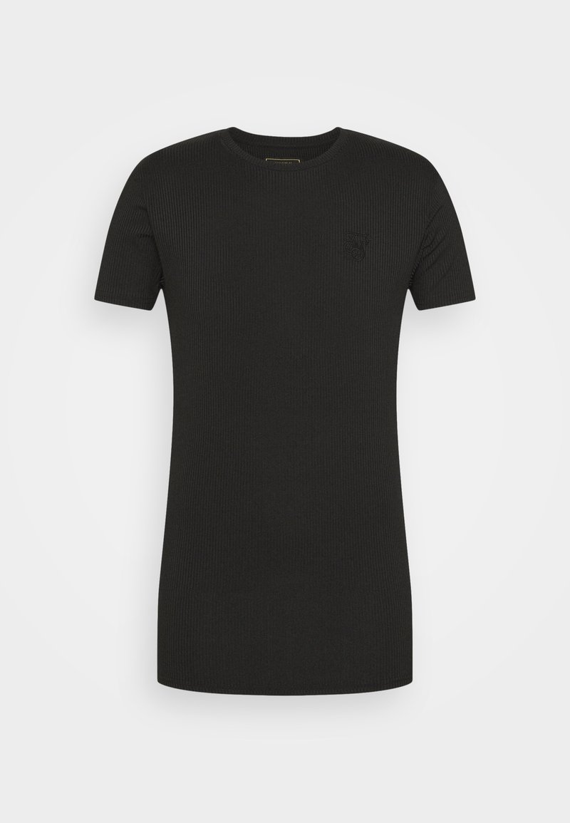 Svart ribbad t-shirt med kort ärm, rund halsringning och en subtil präglad logotypdetalj på bröstet. Mjuk, strukturerad tyg.