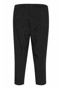 Pantalons noirs avec une large ceinture élastique, longueur cropped, deux poches arrière et une texture de tissu lisse et léger.