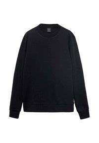 Zwarte sweatshirt van zacht materiaal, met een ronde hals, lange mouwen en geribbelde manchetten en onderrand, met een ontspannen pasvorm.