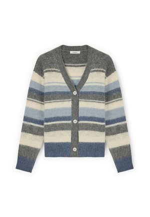 Kardigan w odcieniach szarości, kremu i niebieskiego. Posiada dekolt w serek, zapięcie na guziki oraz wzór w paski o różnej szerokości. Miękka faktura.