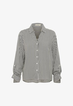 Kreklains krekls ar melnbaltiem vertikāliem svītrām, punktētām apkaklēm un sarullētām piedurknēm. Izgatavots no viegla auduma ar brīvu piegriezumu.