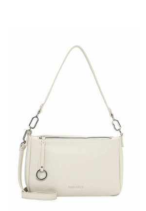 Cream-colored leather shoulder bag with silver hardware, zipper closure, detachable strap, and "SURI FREY" embossed on front.