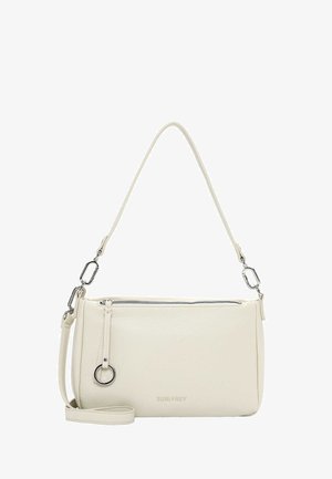 Cream-colored leather shoulder bag with silver hardware, zipper closure, detachable strap, and "SURI FREY" embossed on front.