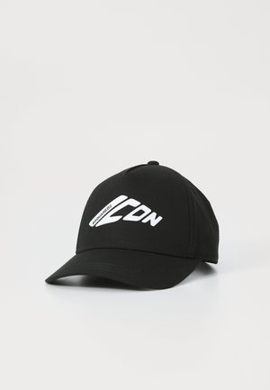 Black cap made of fabric, featuring a curved visor, adjustable strap, and a white logo printed on the front.