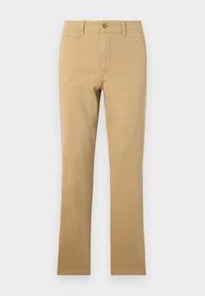 Khaki-kleurige rechte broek van katoen, met een knoopsluiting, voorkruiszakken en een soepele textuur.