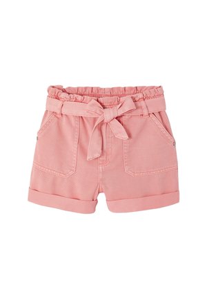 Rosa Baumwollshorts mit hohem Bund, umgeschlagenen Säumen, Vorder-taschen und einem gebundenen Stoffgürtel am elastischen Bund.