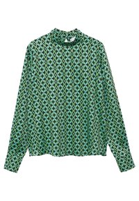 Langärmliges Oberteil mit Mock-Turtleneck in Grün, mit einem geometrischen Muster in dunklerem Grün und Schwarz. Leichter Stoff mit glatter Textur.