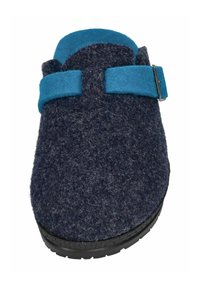 Marineblaue Filzclogs mit einem türkisfarbenen Oberriemen und Akzenten. Sie besitzen eine abgerundete Zehenpartie und eine strukturierte Oberfläche, die auf einer schwarzen Gummisohle sitzt.