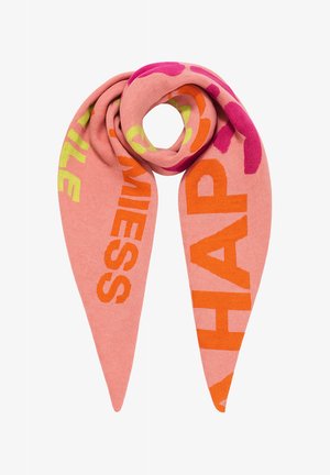 Rosa Schal mit kräftigem, multicolor Text in Orange, Gelb und Lila. Er hat eine weiche Textur mit spitzen Enden und einer kreisförmigen Schlaufe.