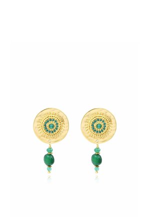 Boucles d'oreilles rondes en or avec des pierres précieuses turquoise disposées en motif rayonnant et des perles vertes pendantes.