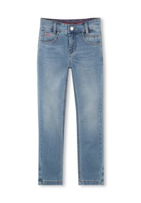 Jeans de mezclilla azul claro con un diseño ajustado. Presenta cinco bolsillos, un botón en la parte frontal y costuras en contraste. Textura suave con un ligero desgaste.