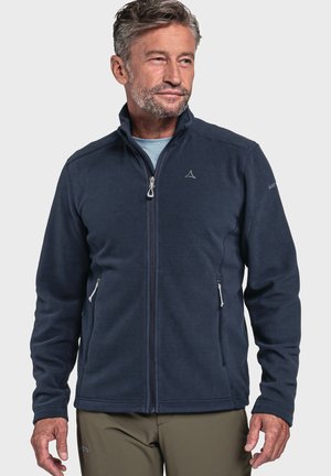 Marineblaue Fleecejacke mit durchgehendem Reißverschluss, hohem Kragen und zwei seitlichen Taschen. Mit einem Logo auf der Brust und strukturiertem Stoff.