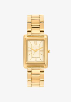 Gold rectangular-faced Michael Kors wristwatch with Roman numerals and linked metal bracelet band.