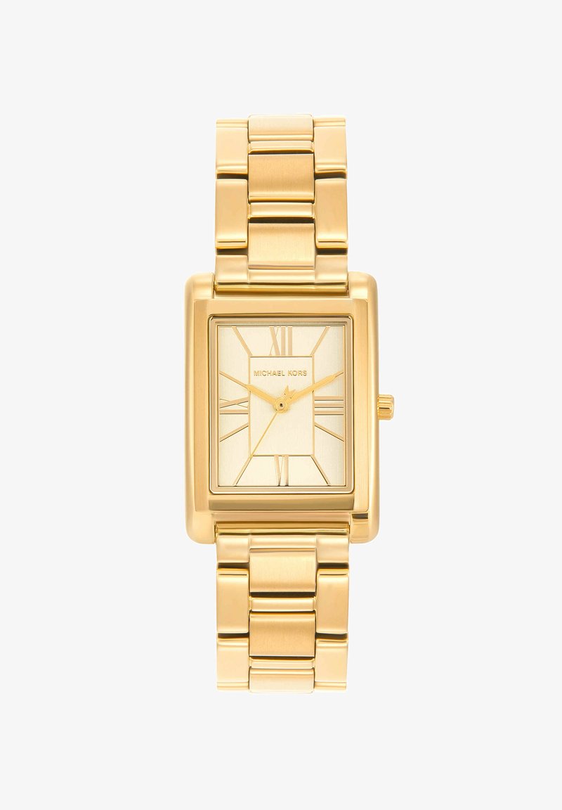 Goldene rechteckige Michael Kors Armbanduhr mit römischen Ziffern und einem verbundenen Metallarmband.