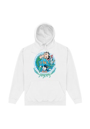 Biała bluza z kapturem z kolorową grafiką przedstawiającą syrenę, stworzenia morskie oraz ozdobne akcenty, w tym chmury i baner tekstowy.