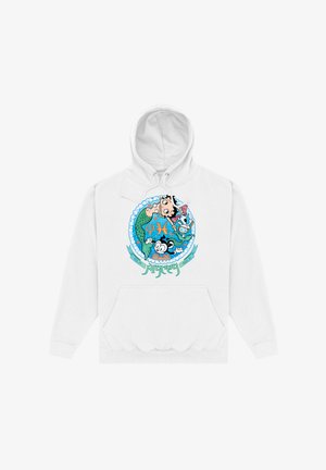 Biała bluza z kapturem z kolorową grafiką przedstawiającą syrenę, stworzenia morskie oraz ozdobne akcenty, w tym chmury i baner tekstowy.