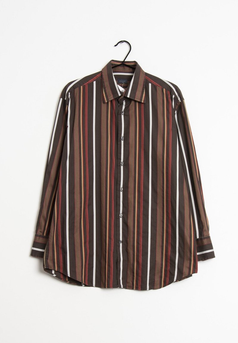 Camisa de manga larga con rayas verticales en marrón, rojo y blanco, que presenta un cuello puntiagudo, cierre de botones y un dobladillo curvado.