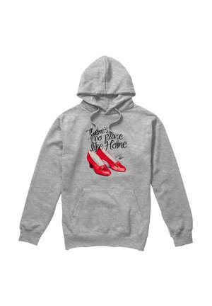 Gray hoodie with front pocket, featuring red glittery shoes and text "There's no place like Home" on the chest area.